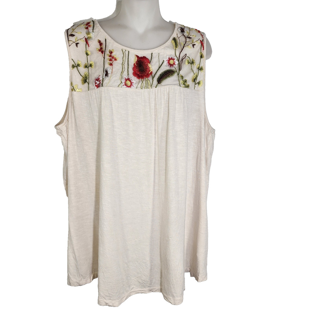 Adiva Womens Top Size 1X Floral Embroidery Tank Sleeveless Stretch Cream Boho